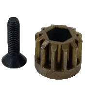 A black metal threaded screw and a bronze-toned metal splined ring component shown on a plain white background.